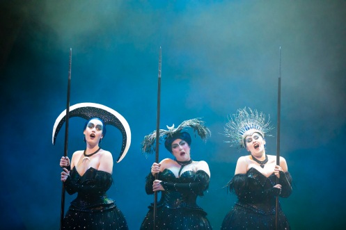 Bethan Langford (Second Lady), Jeni Bern (First Lady) and Sioned Gwen Davies (Third Lady) in The Magic Flute. Scottish Opera 2019. Credit James Glossop